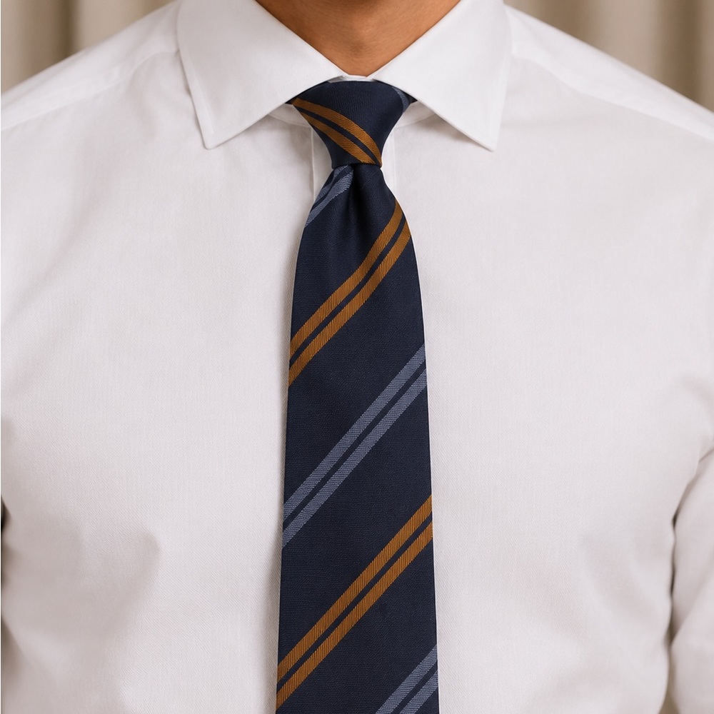 Kiton Wool/Silk Blend Navy Blue Repp Tie with Brown and Light Blue Stripes